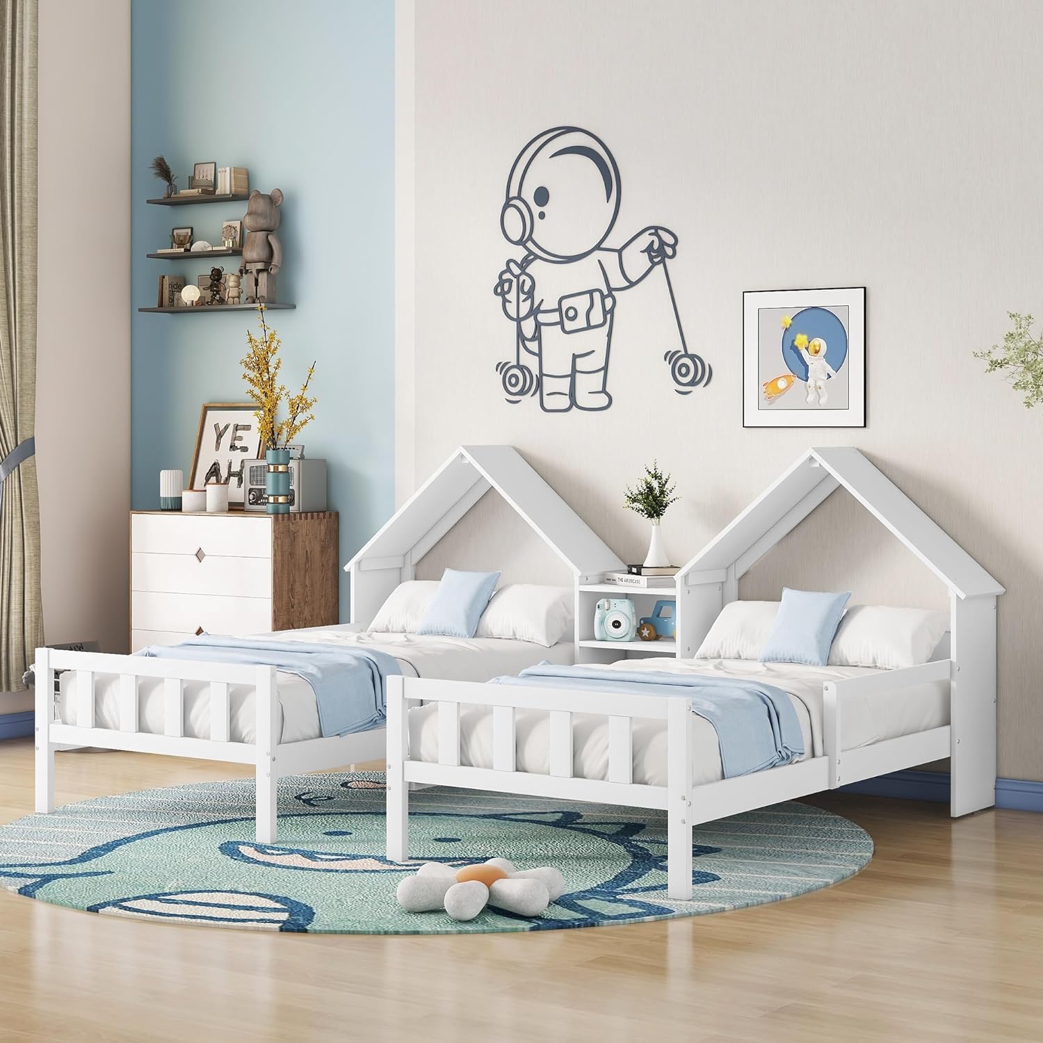 Double Bed Frames For Kids,Wood Double House Bed With House-Shaped Headboard And A Built-In Nightstand, Side By Side Montessori Bed For Kids Girls Boys,White