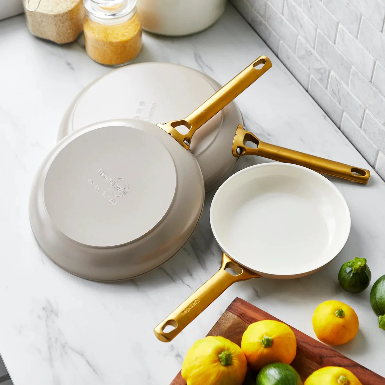 GreenPan Reserve Ceramic Nonstick 8", 10" and 12" Frypan Set | Taupe with Gold-Tone Handles
