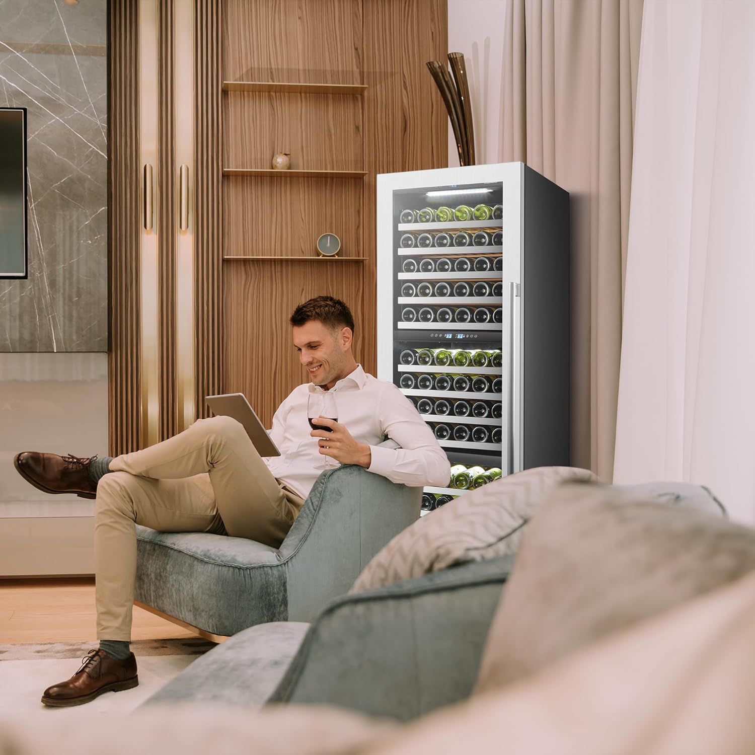 Wine Cooler Refrigerator 143 Bottle Triple Zone Wine Fridge, Seamless Stainless Steel Trimmed Door, 24 Inch