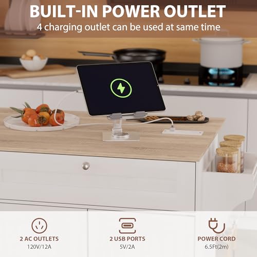 Kitchen Island on Wheels with Storage and Power Outlet, Kitchen Island with Trash Can Storage Cabinet and Drop Leaf, with Spice Rack & Towel Rack, Rolling Island Cart for Kitchens (Black)