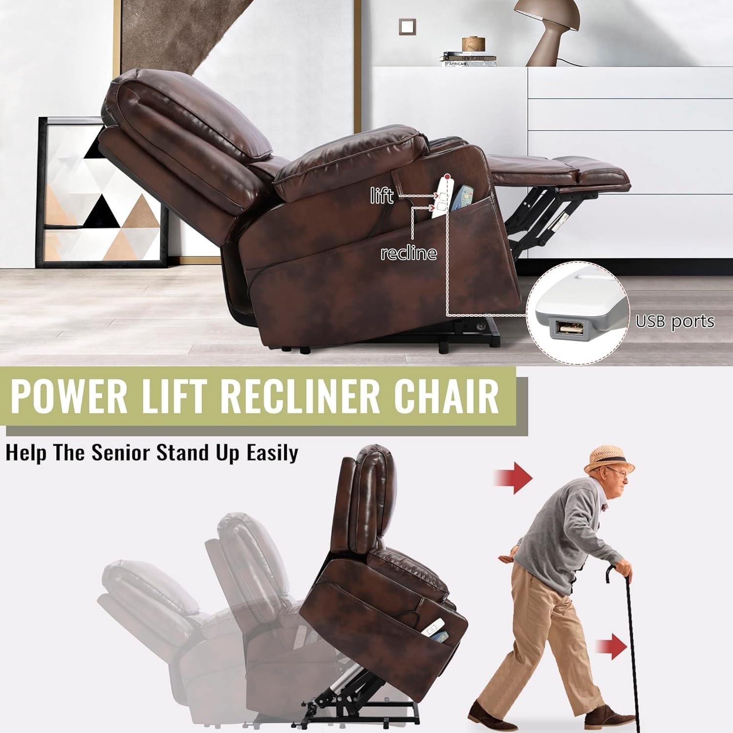 Leather Power Lift Recliner Chair for Elderly with Massage and Heated,Electric Lift Chair for Seniors,Cup Holders, Side Pocket and USB Port -Brown