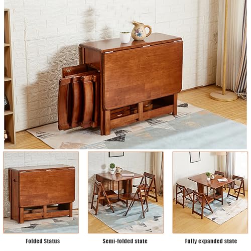 Solid Wood Folding Dining Table with Storage,Rectangular Island Kitchen Table with Drawers,Small Space Drop Leaf Foldable Table with Wheels,Table Only-No Chairs(34.5" D x 51" W x 29.5" H, Red Brown)