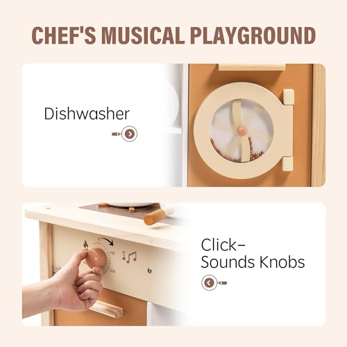 ROBUD Play Kitchen Set, Wooden Play Kitchen with Ice Maker, Fridge, Coffee Machine, Oven, Dishwasher, Microwave, Kitchen Accessories, Toy Kitchen Gift for Boys Girls, 3+