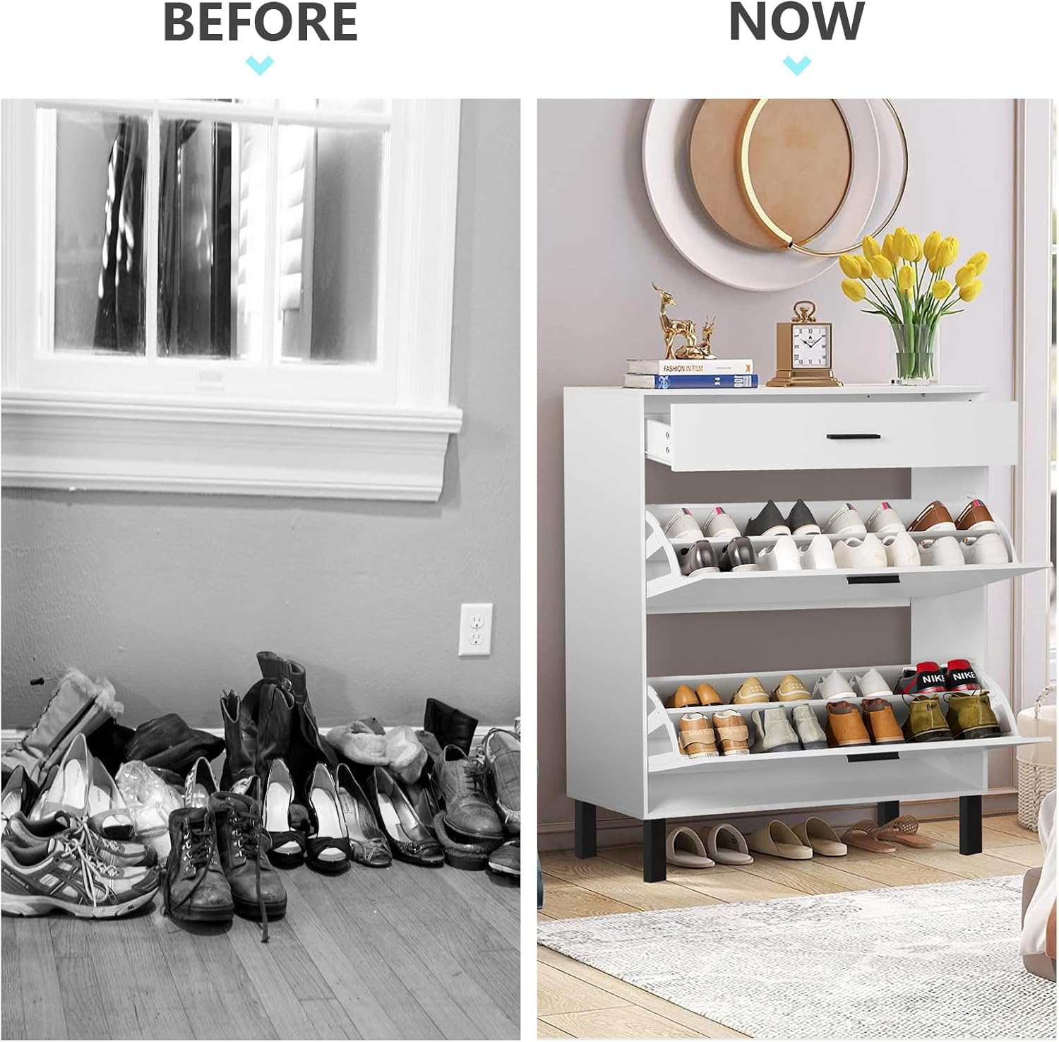 Slim Shoe Cabinet with Doors Wooden Free Standing Shoe Rack with 2 Flip Drawers Modern White Shoe Storage Cabinet with Drawer for Entryway Hallway Living Room Bedroom Apartment