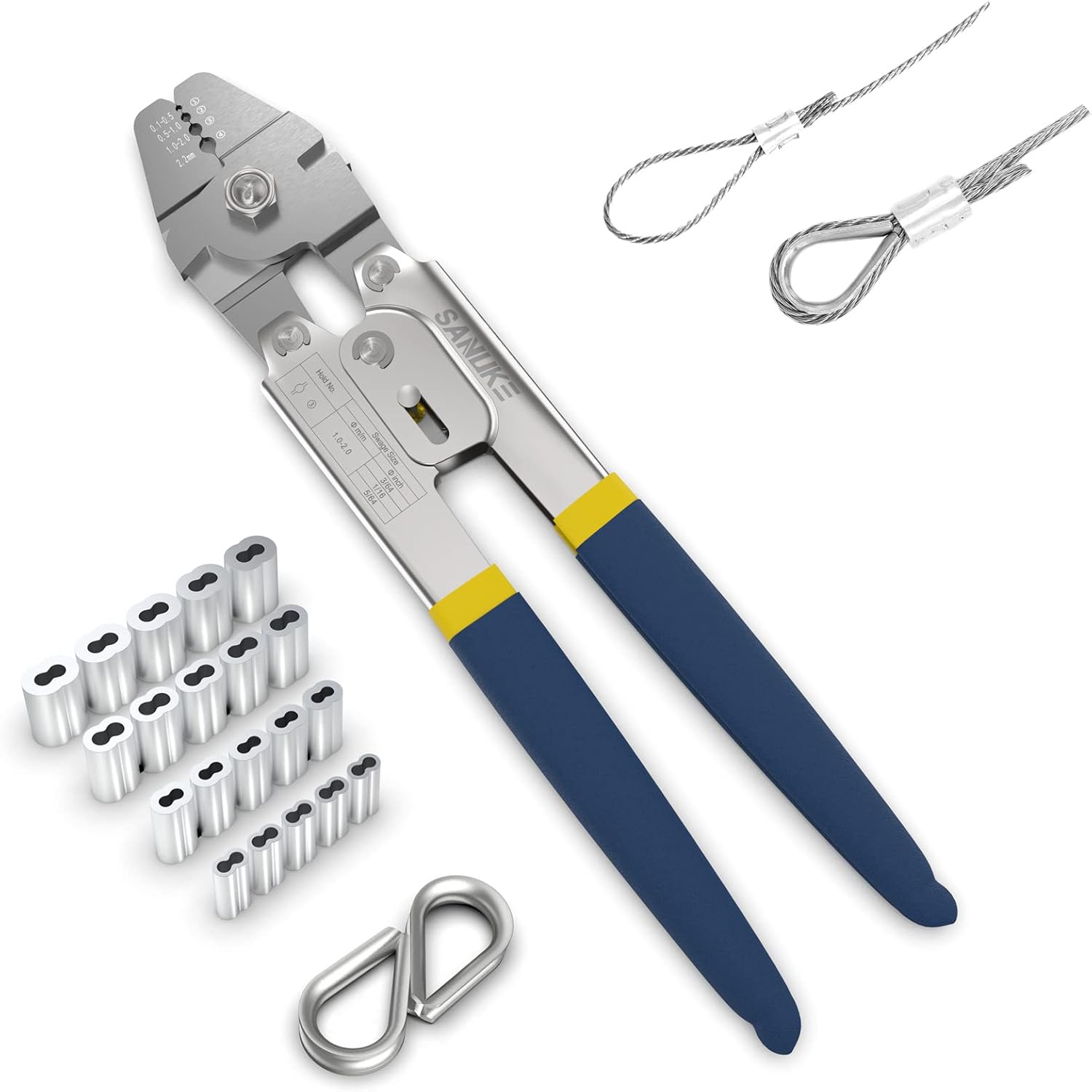 Sanuke Wire Rope Crimping Swaging Tool Cable Crimps up to 2.2mm(2/32inch) with 160pcs 4sizes Aluminum Double Barrel Ferrule Crimping Loop Sleeve and 10pcs Stainless Steel Thimble Assortment Kit Pack of 2