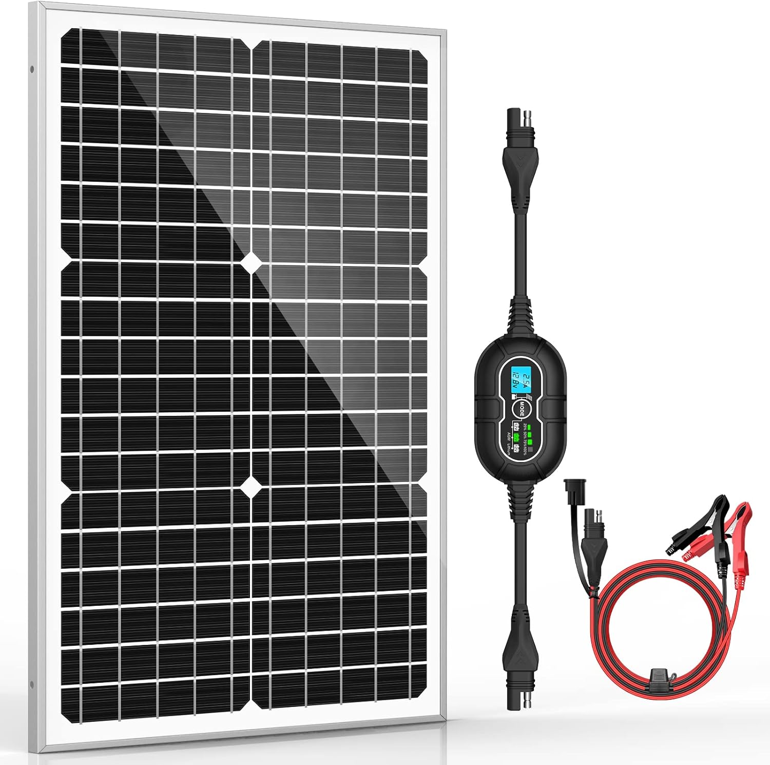 20W 12V Solar Panel Kit Battery Maintainer Trickle Charger Pro + Advanced 10A MPPT Charge Controller + SAE Battery Clip Cable for 12 Volt Boat Car RV Trailer Motorcycle Automotive Home Off Grid System
