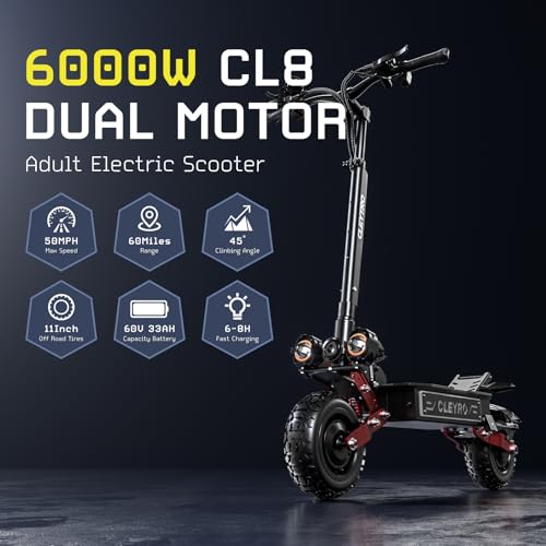 Electric Scooter for Adults,6000W Dual Motor E-scooter 60V 33AH Up to 50 MPH 60Miles Range,11" City Road/Off Road Tire Electric Scooter Foldable
