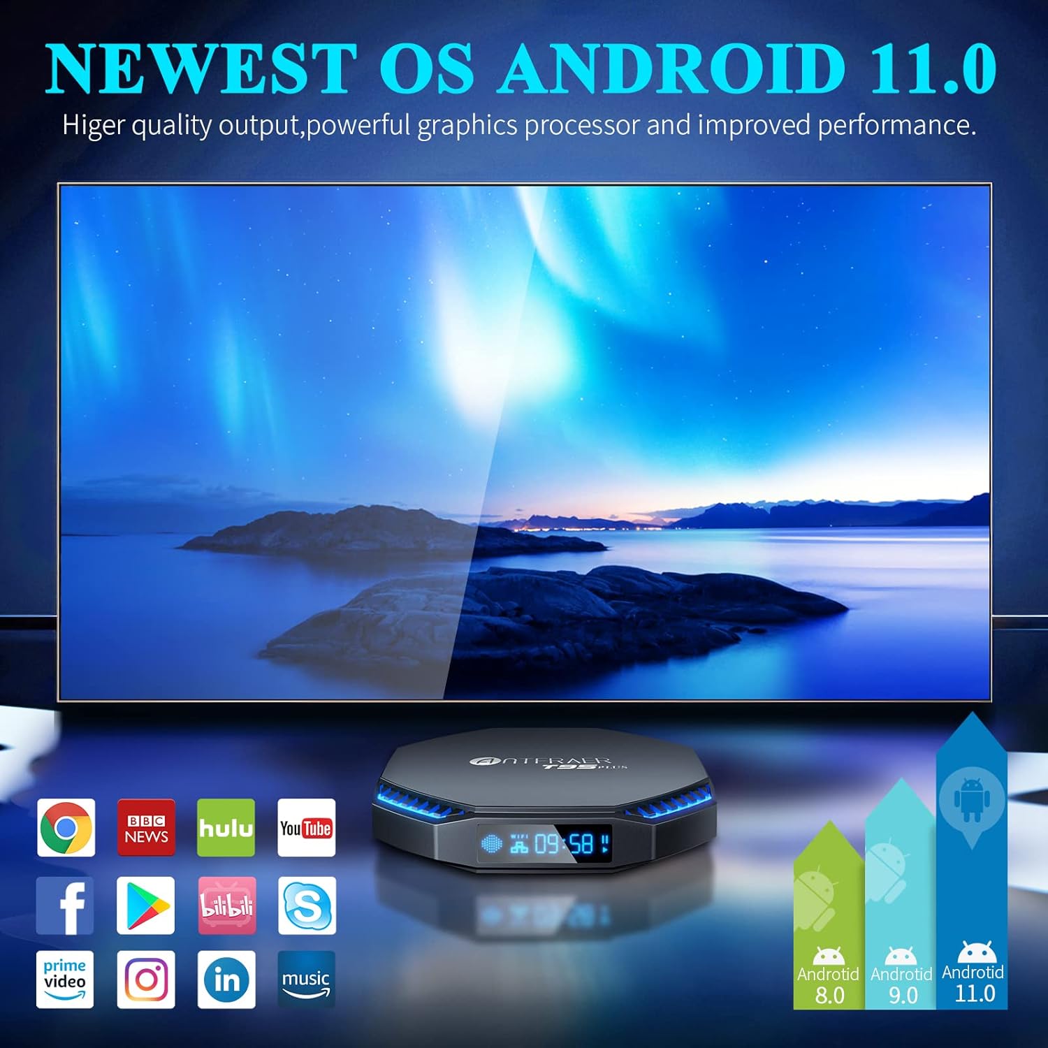Android TV Box 11.0, 2022 Newest Android TV Box 4GB RAM 32GB ROM with RK3566 Quad-Core，TV Box support Dual- WiFi 2.4G/5GHZ 1000M LAN 8K HDR 10/BT4.2/3D/ USB 3.0 with Wireless Mini-Keyboard Android Box