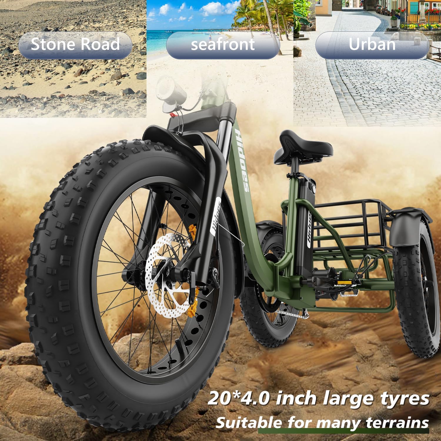 Hidoes Electric Tricycle for Adults, 1000W (Peak) - 20"X 4.0" Fat Tire Electric Trike, 48V 20Ah Removable 65 Miles Electric Trike for Adults, MAX 330LBS 7 Speed Folding Triciclo Eléctrico Para Adultos