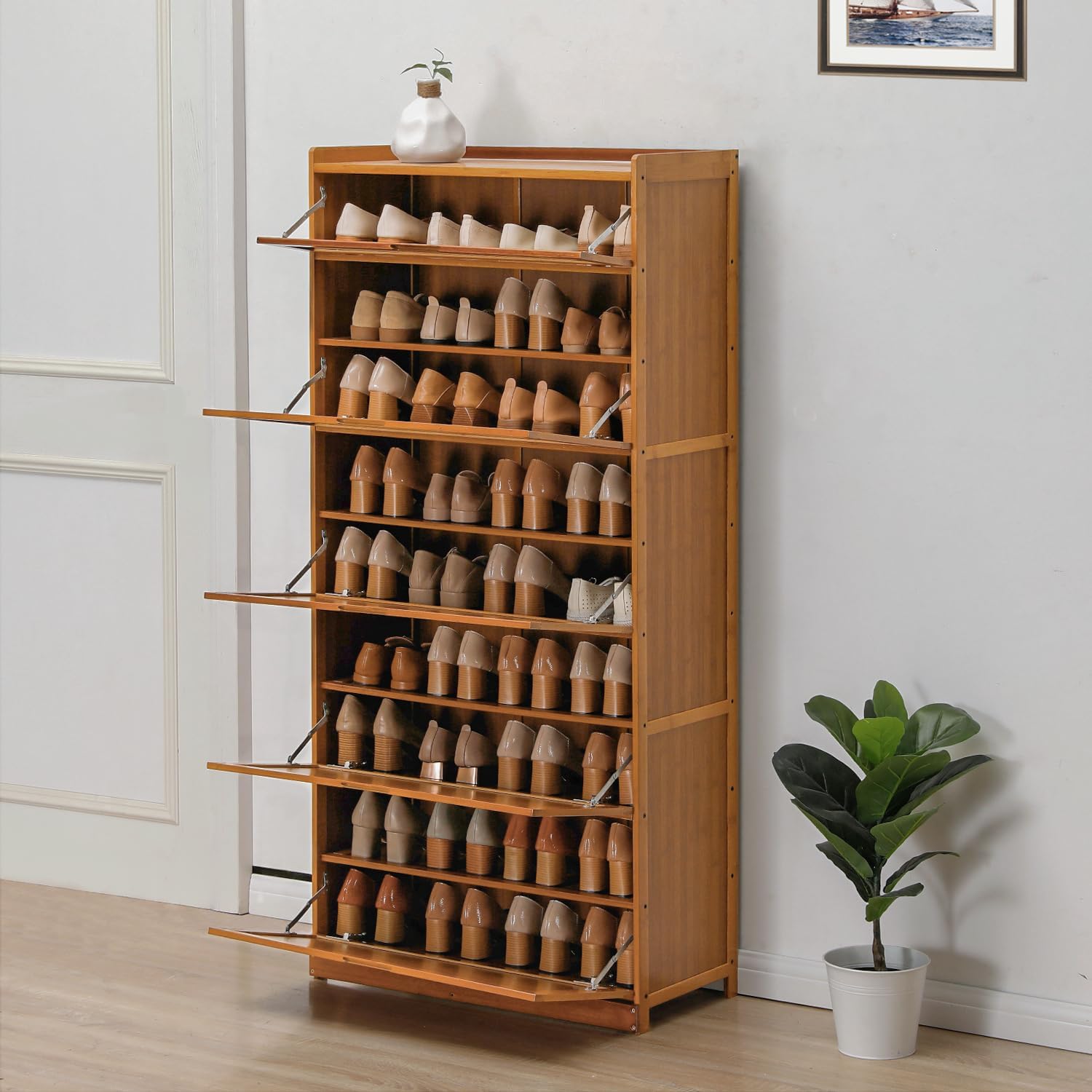 Magshion Bamboo Shoe Organizer Modern Cabinet with Pull-Down Door, 9-Tier Freestanding Shoe Storage for Entryway, Freestanding Shoe Cabinet Organizer for Convenient Shoe Organization (Brown)