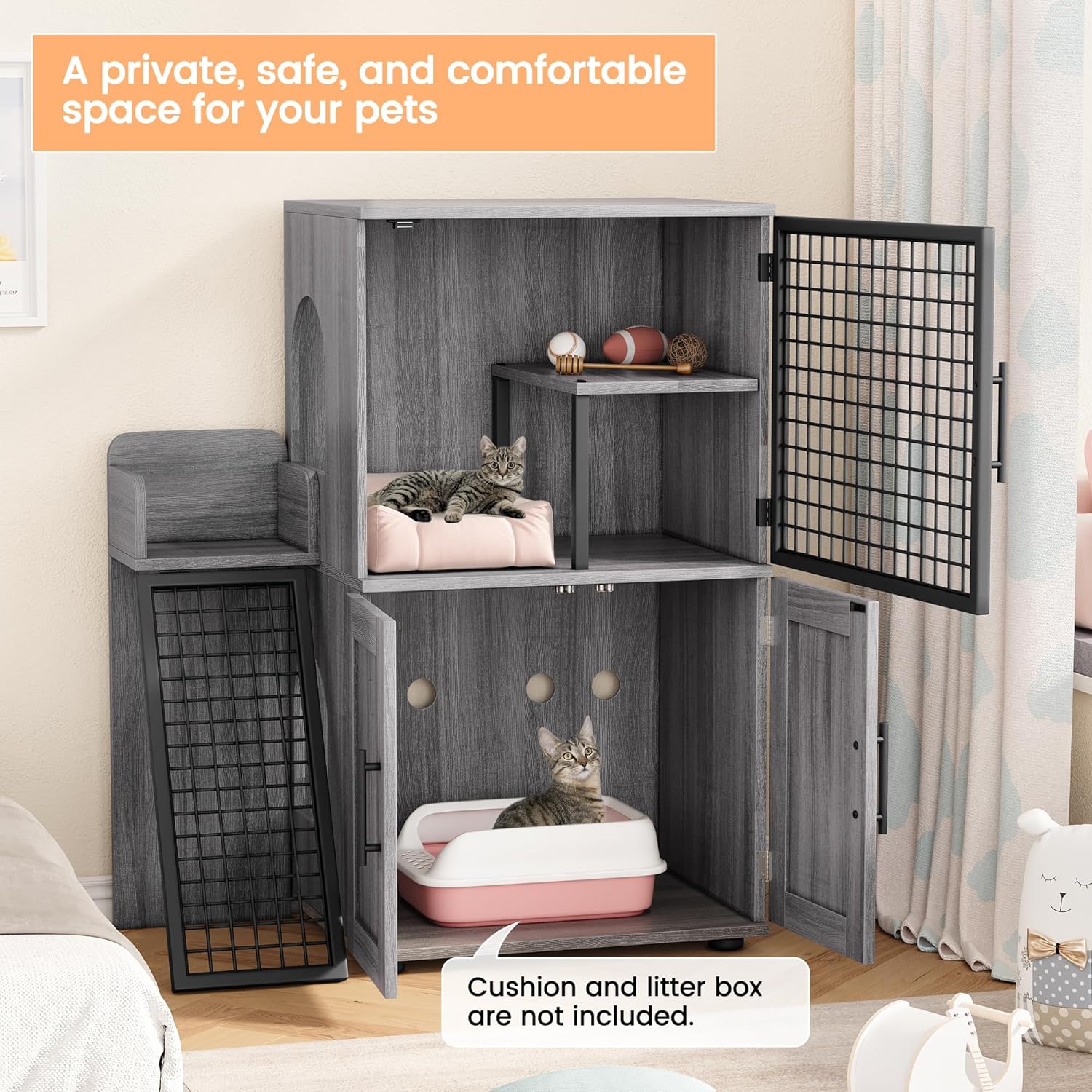 Towallmark Modern Villa Cat Litter Box Enclosure with Platform,Double Layer Cat Litter Hidden Furniture, Large Cat Cabinet with Ladder, Cat Washroom Indoor Cat House, Wax Wood