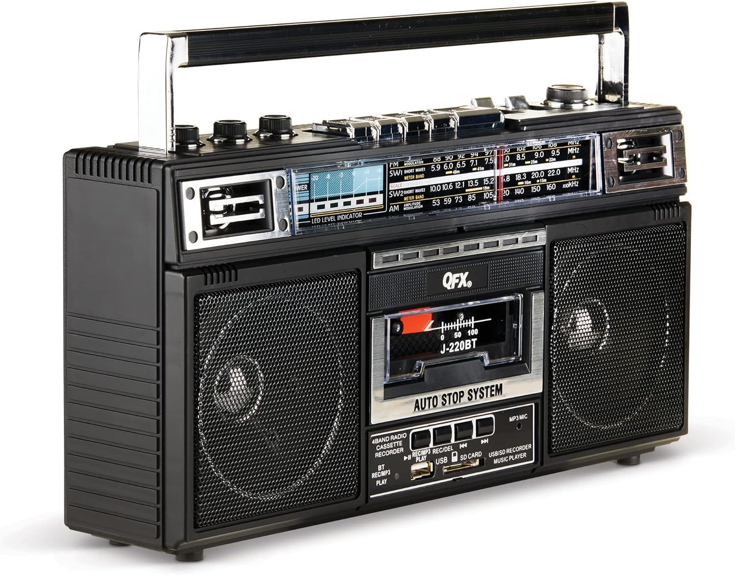 QFX J-220BT ReRun X Cassette Player/Recorder Boombox 4-Band (AM, FM, SW1, SW2) Bluetooth Portable Recording Boombox with Dual 3” Speakers, Built-in Microphone, 3-Band Equalizer Pack of 2