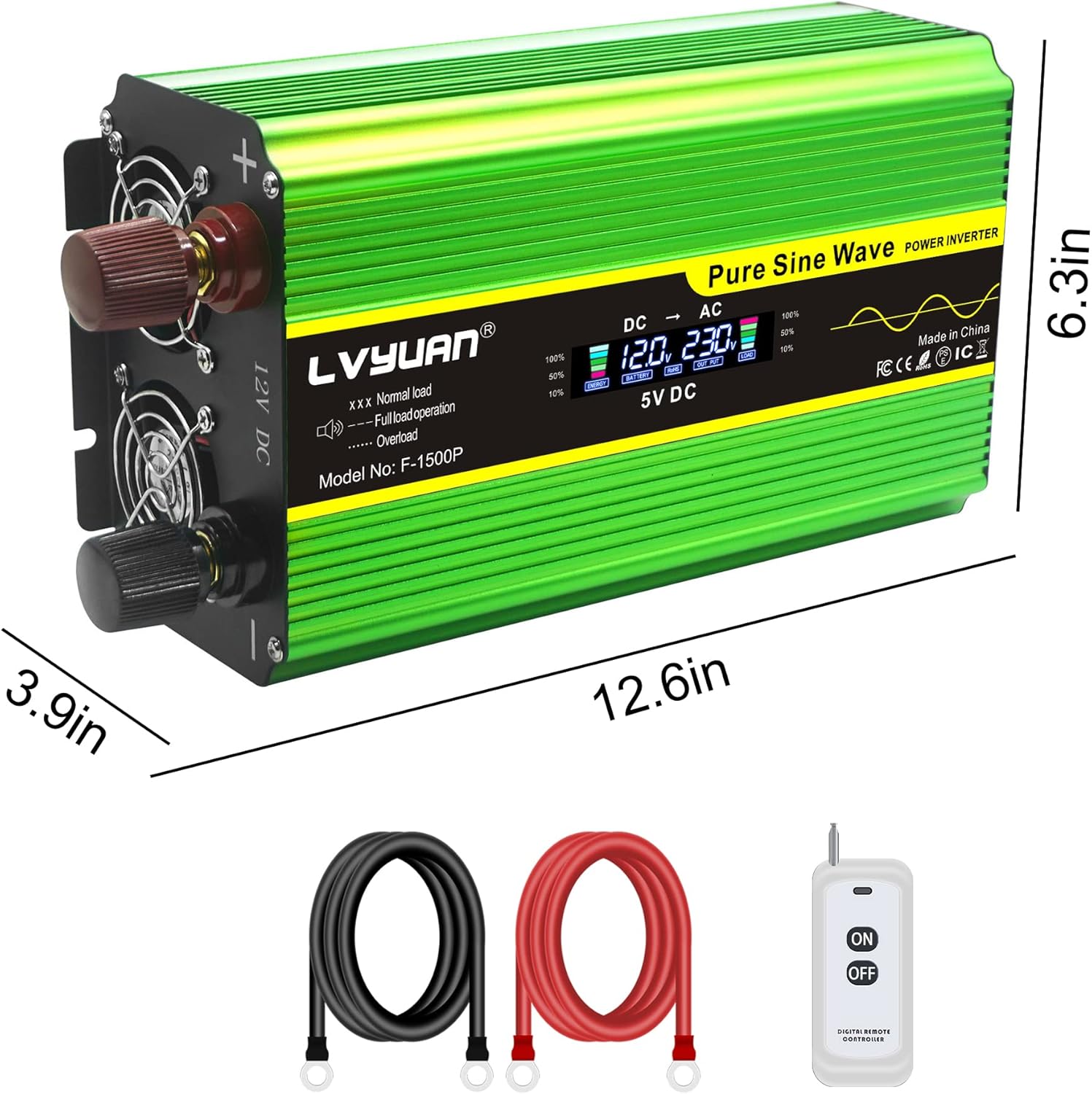 LVYUAN Pure Sine Wave Inverter 1600 Watts Inverter 12V to 110V DC to AC with Remote Controller, LCD Display 4 AC Sockets and 4 USB Ports for Car Truck Solar Power (PSW1600W-GREEN)