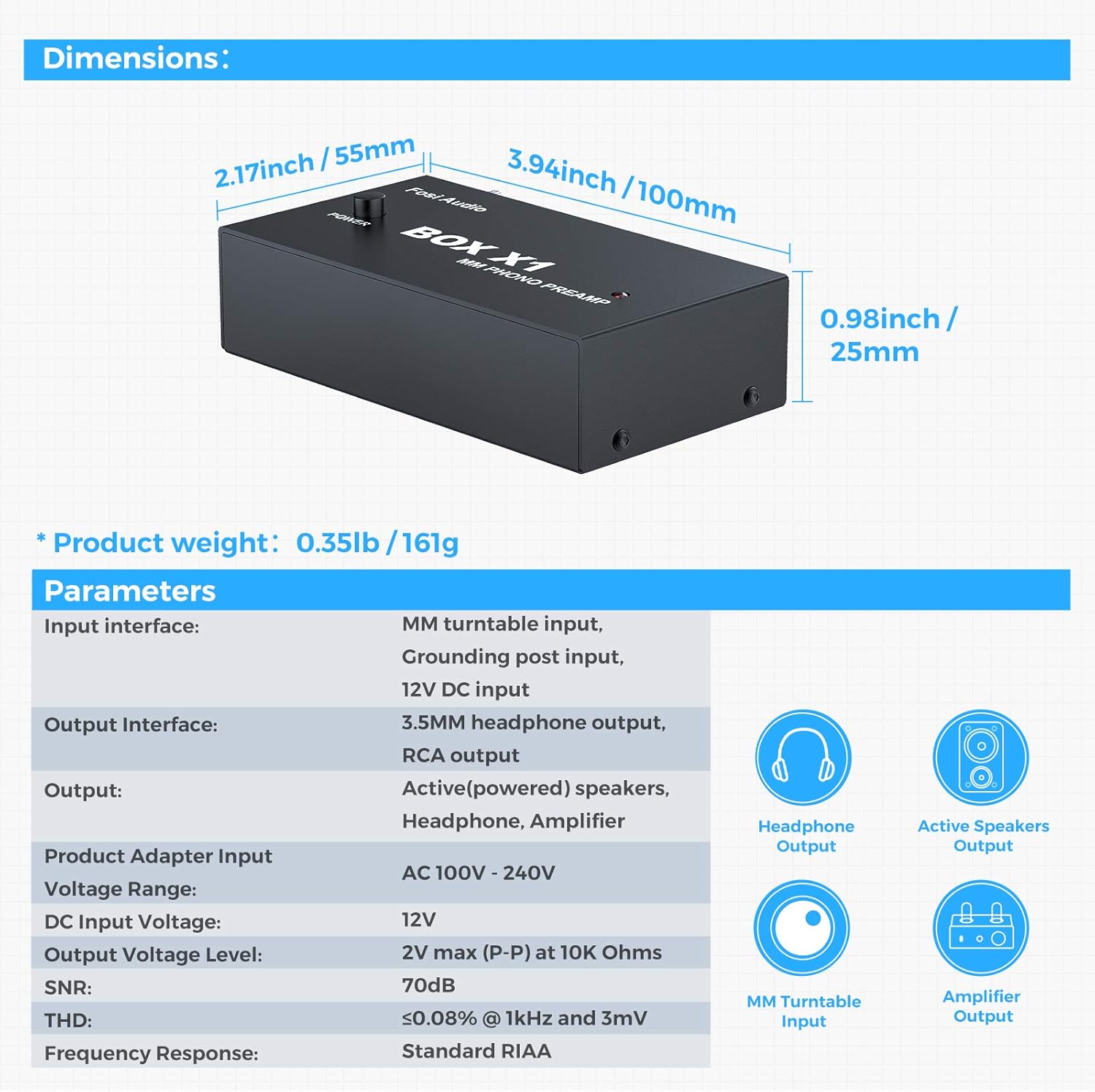 Fosi Audio Box X1 Phono Preamp for MM Turntable Mini Stereo Audio Hi-Fi Phonograph/Record Player Preamplifier with 3.5MM Headphone and RCA Output with DC 12V Power Supply Pack of 2