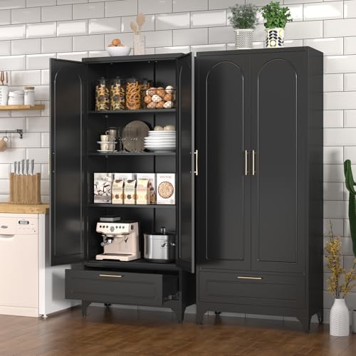 Metal Storage Cabinet with Doors and Shelves, 71 Inch Tall Kitchen Pantry Cabinet, Pantry Cabinets for Kitchen Storage, Freestanding Cupboard for Living, Dining Room, White, Assembly Required