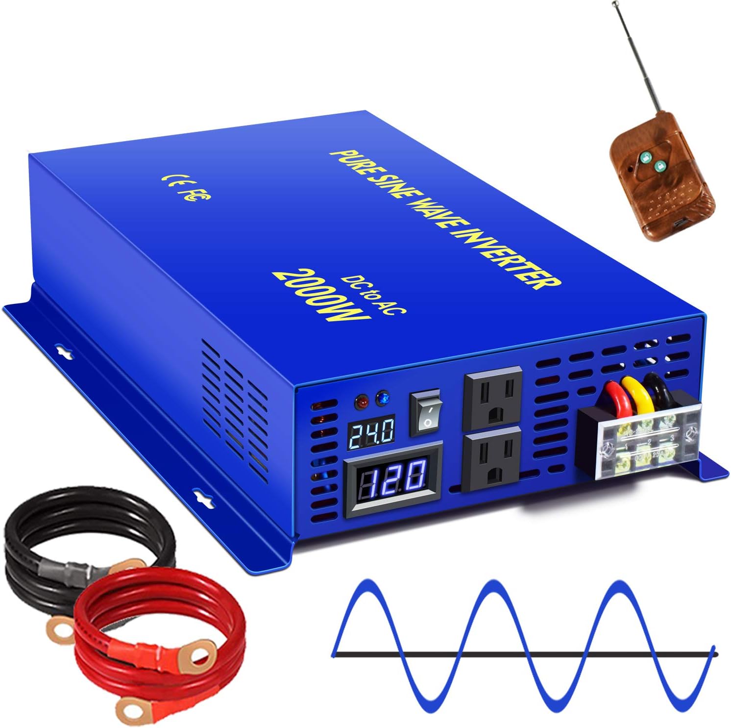 XYZ INVT 2500W Pure Sine Wave Inverter 24v to 110V 120V AC with Wireless Remote Switch, 5000 watt Surge, Power Inverter for Truck, RV Car Camping, Solar System, Grid Off.