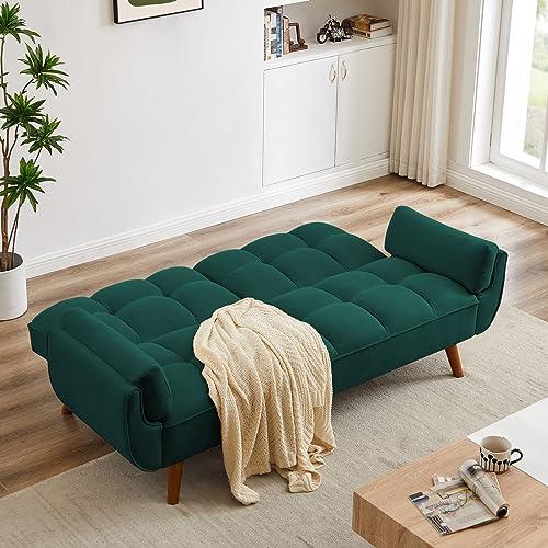 76 Inch Futon Sofa Bed, Modern Tufted Linen Fabric Convertible Sleeper Sofa with Adjustable Positions and Solid Wooden Legs, Comfy Split Back Sofa Couch with Pillow Top Arm for Living Room, Yellow