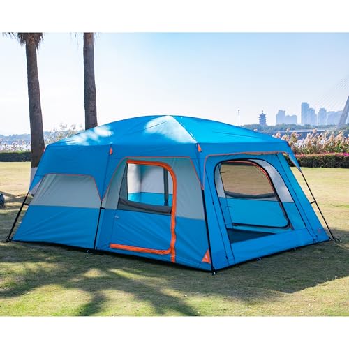 KTT Extra Large Tent 10-12-14 Person(Style-B),Family Cabin Tents,2 Rooms,3 Doors and 3 Windows with Mesh,Straight Wall,Waterproof,Double Layer,Big Tent for Outdoor,Picnic,Camping,Family Gathering