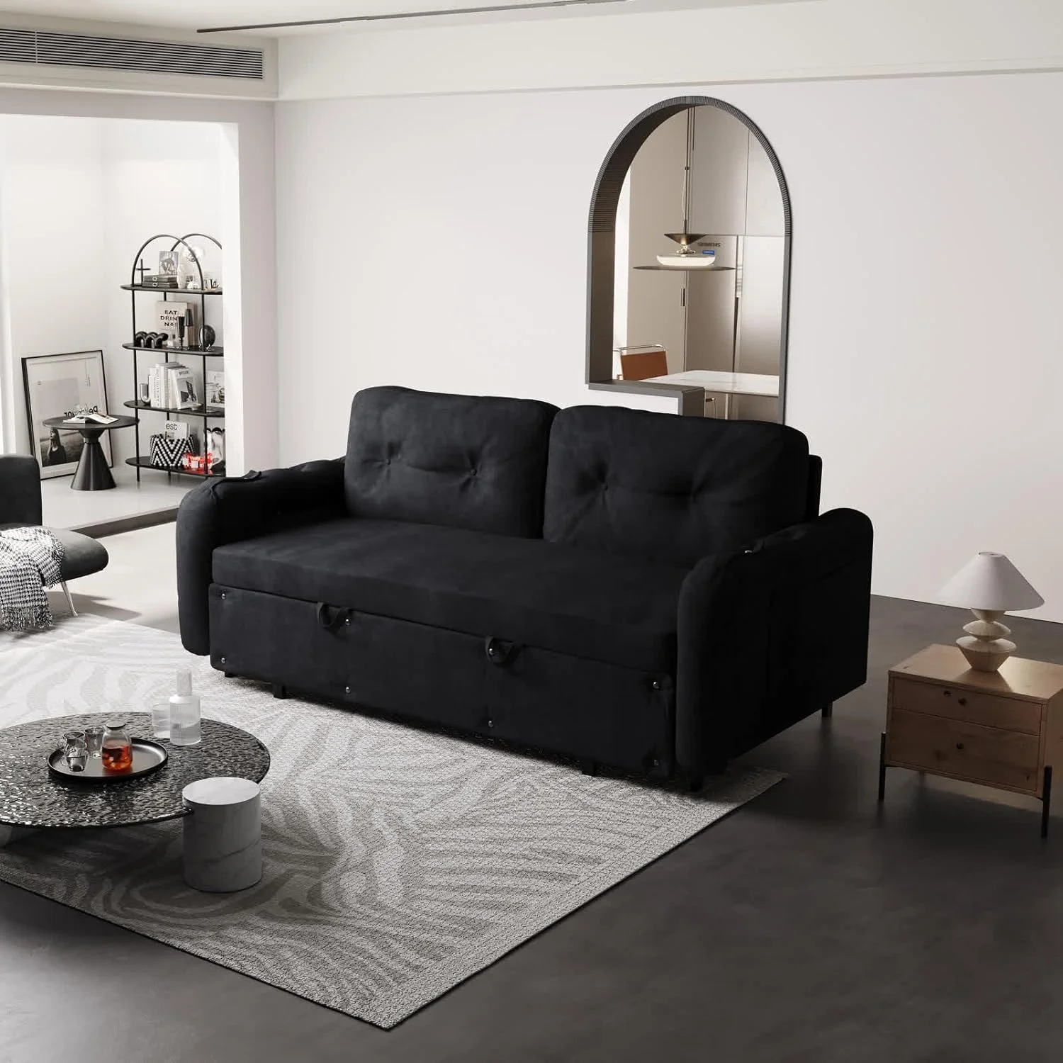 66.2" Sleep Sofa Bed Queen Size, Hydraulic System Pull Out Couch Bed, Sleeper Sofa  Loveseat with 2 Pillows, Modern Velvet Upholstered Couch for Living Room, Small Space, Apartment, Bedroom, Black - Curated Treasures Market