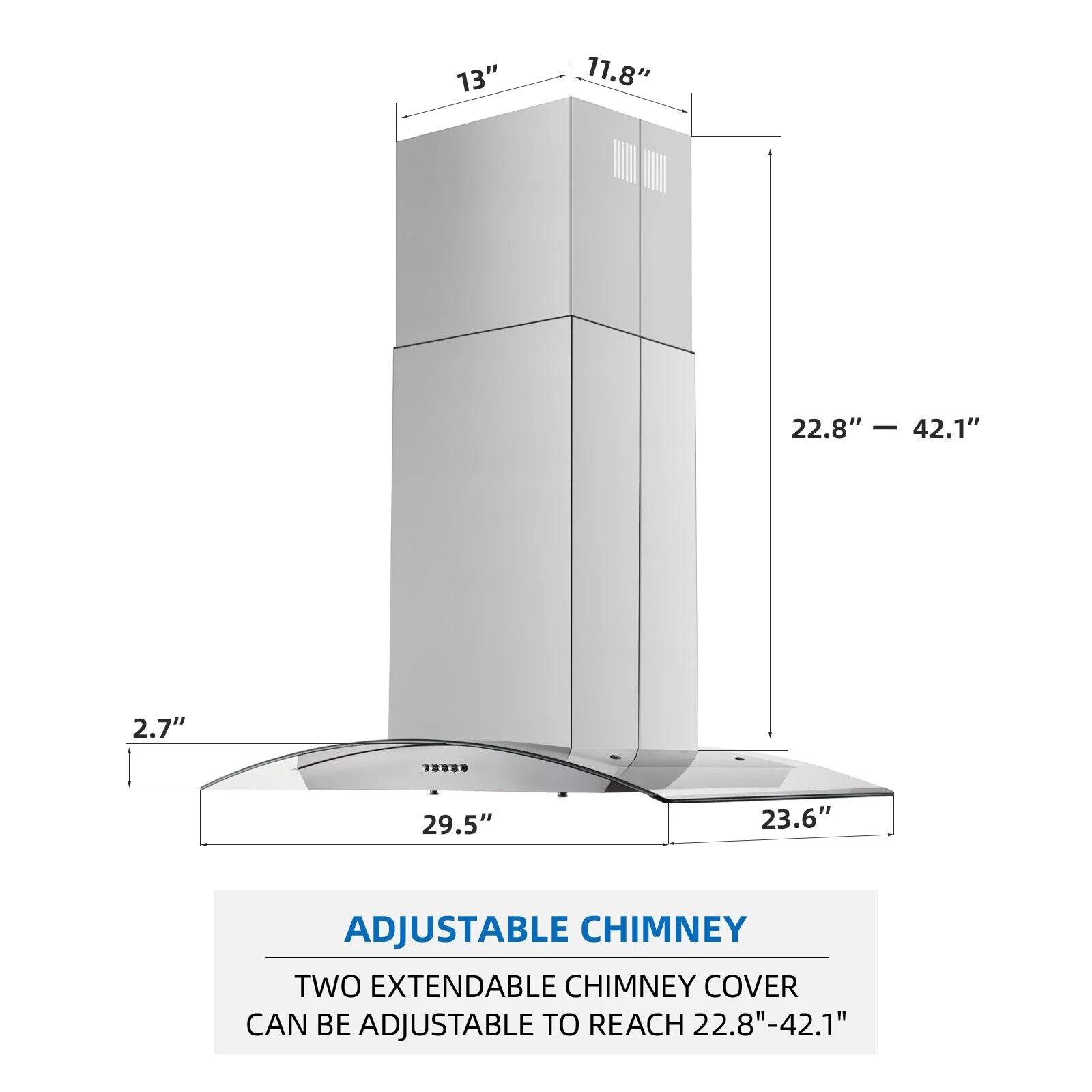 30 inch Island Mount Range Hood 900CFM  Tempered Glass 3-Speed Vent Hood Stainless Steel Dishwasher