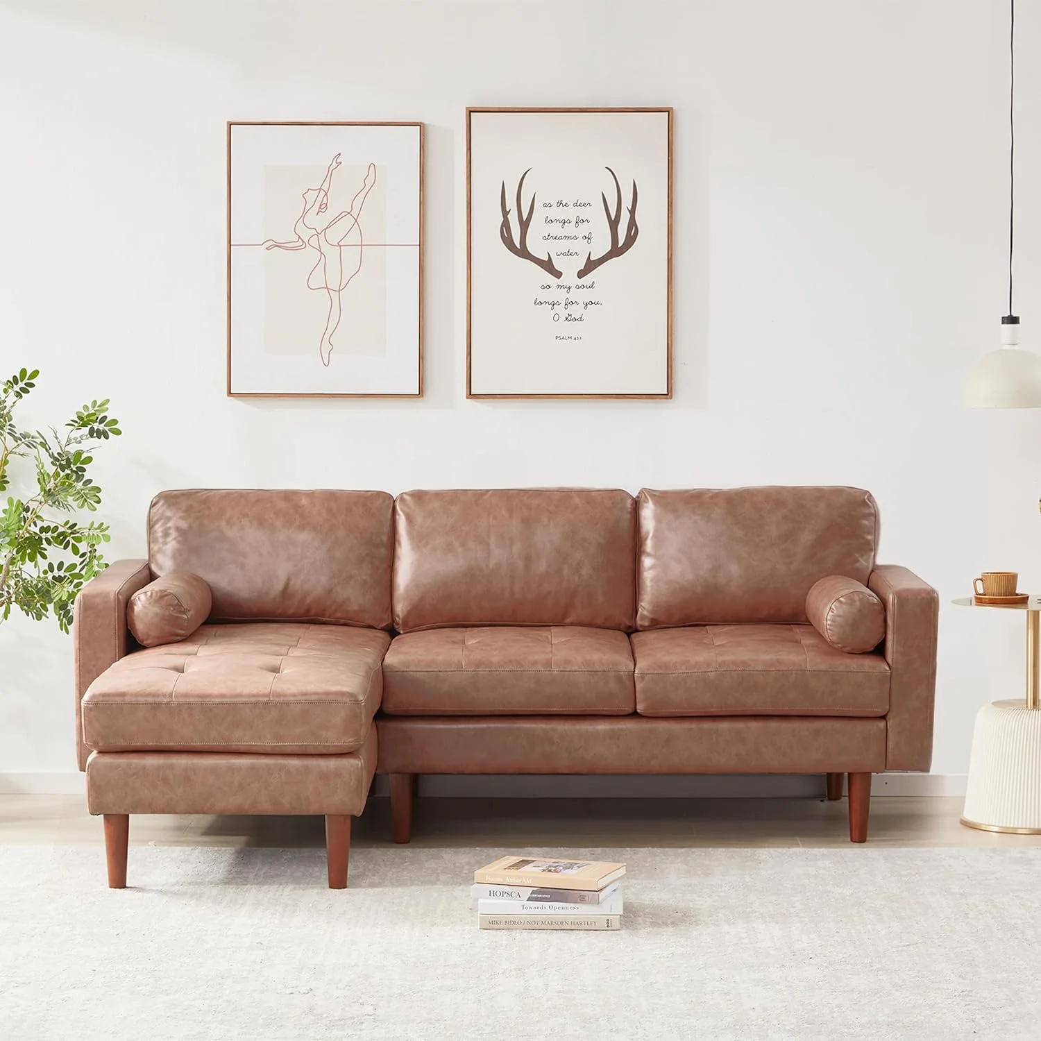 80" W Sectional Sofa Couch, L Shaped Couch with Reversible Chaise, Mid Century Modern Leather Couches for Living Room Apartment Small Space, Convertible Sofa with Tufted Seat Cushion, Brown