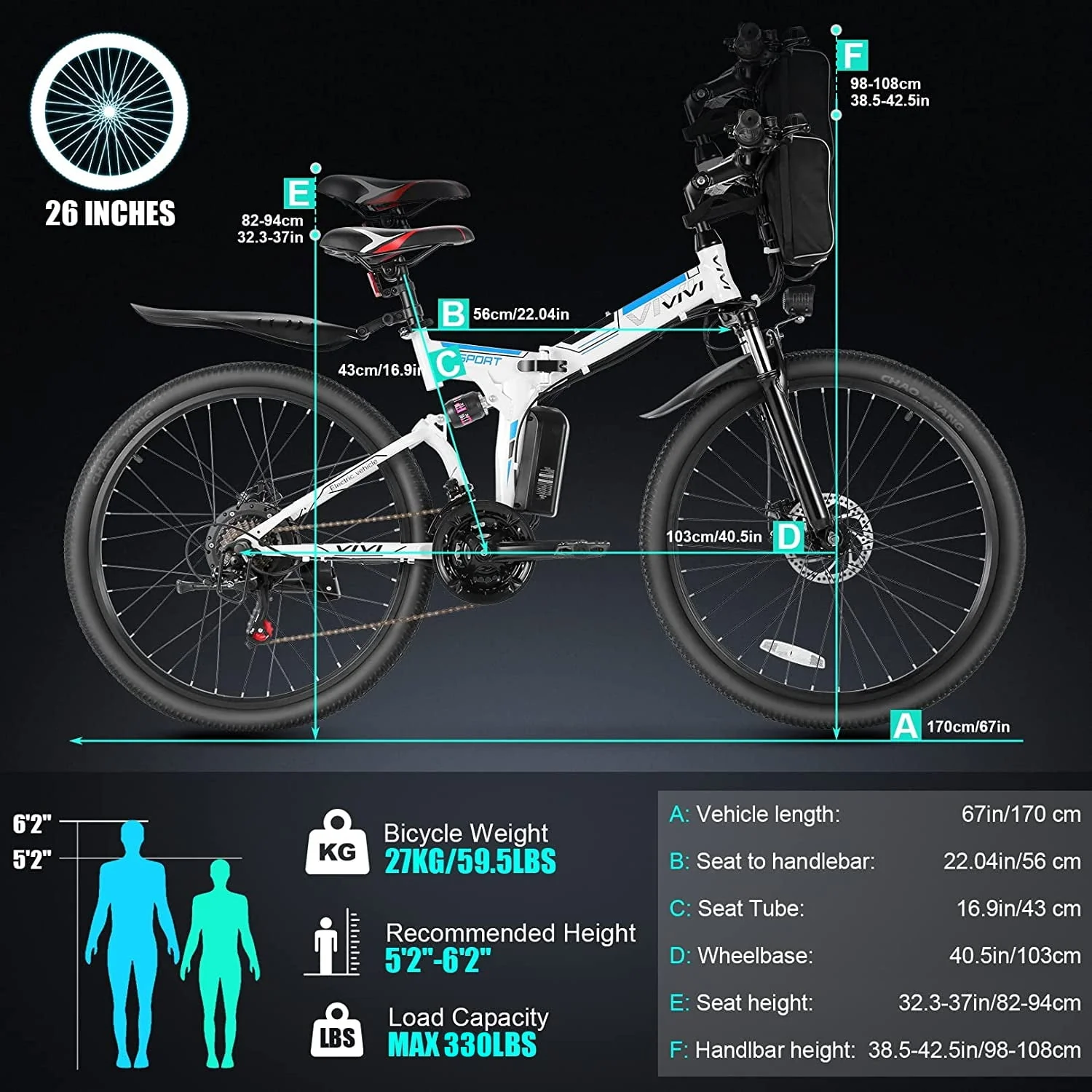 Vivi Electric Bike for Adults 26 Folding Electric Bike 500W Electric Mountain Bike 20MPH Full Suspension Electric Bike with Cruise Control Up to 50 Miles