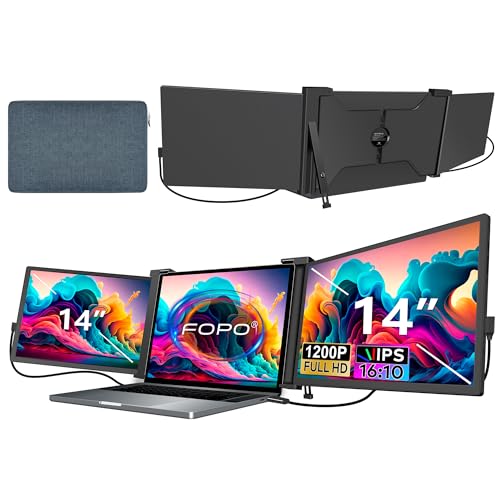 FOPO 14" Triple Laptop Screen Extender, FHD 1200P IPS Portable Monitor for 15-17.3" Laptop, Plug and Play Travel Laptop Monitor Extender Display for Win/MAC/Android, with HDMI/USB-C - S15 Black