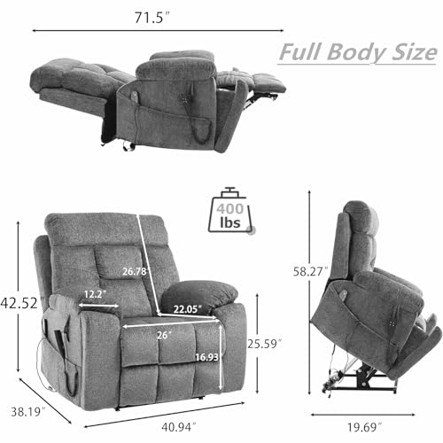 Light Grey Recliner Chair for Elderly | Tall and Big Man 400lbs | Chenille | Power Lift, Lay Flat, Stand Up, Wireless Charging Device, Extended Footrest, Massage Heat, Cup Holder, Lumbar Pillow