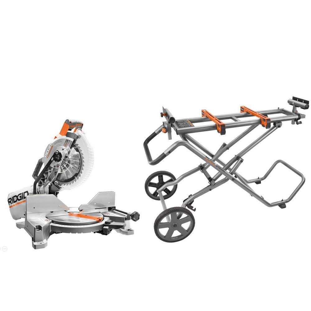 Ridgid 15 Amp 10 in. Dual Miter Saw with LED Cut Line Indicator with Universal Mobile Miter Saw Stand with Mounting Braces