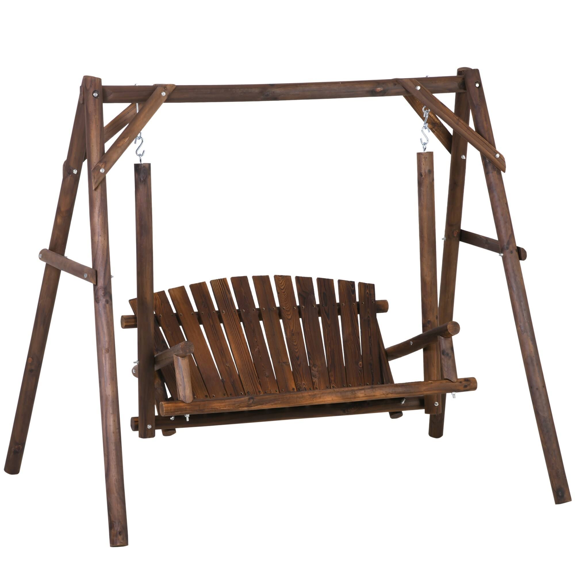 Outsunny 6.5& Outdoor Rustic Loveseat 2 Person Freestanding Solid Wood Natural Log Garden Swing - Carbonized