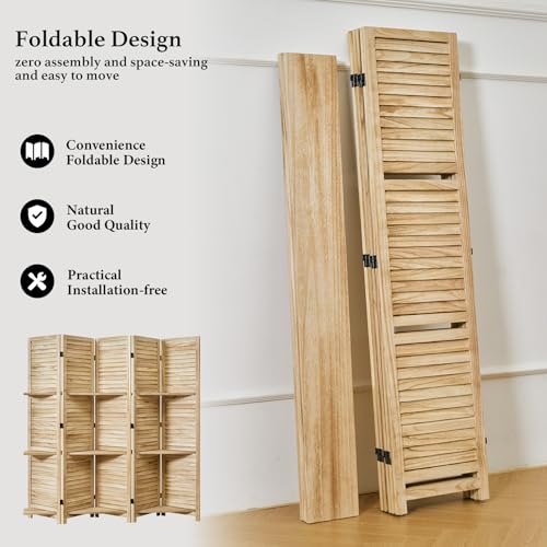 Room Divider with Shelves, 5.6 Ft Tall Folding Wood Screen with Double Hinges for Home Office Bedroom Hotel Decoration (6 Panels, Brown)
