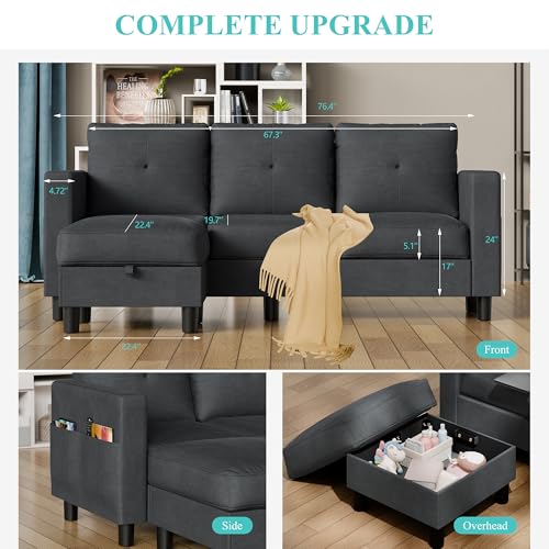 Shintenchi Convertible Sectional Sofa Couch, Modern Linen Fabric L-Shaped, 3-Seat Sofa Sectional with Storage Function Ottoman/Armrest Reversible Chaise for Living Room and Small Space (Black)