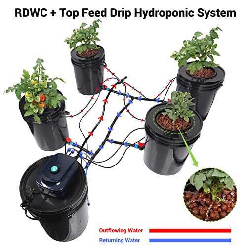 RDWC Top Feed Drip Hydroponics Systems, Recirculating Deep Water Culture Hydroponic Bucket System, 5 Gallon Hydroponics Growing System Kit with Water Pump, Air Pump(4 Bucket + Reservoir + Drip Kit)