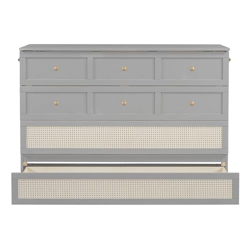 P PURLOVE Queen Size Murphy Bed,Folding Solid Wood Murphy Cabinet Bed,Queen Wall Bed with Storage Drawers,Green