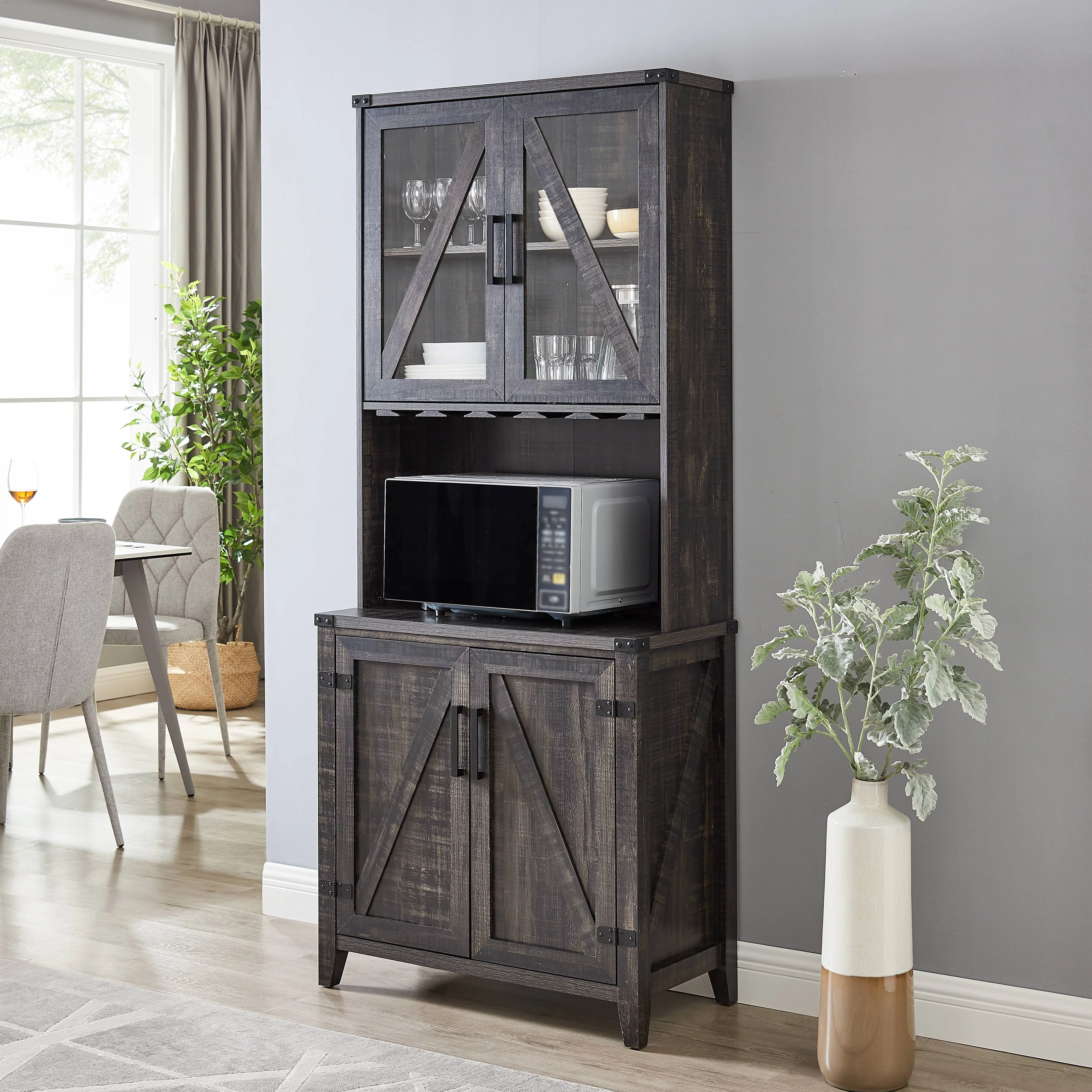 Gramercy Way Bar Cabinet with Upper Glass Cabinet in Charocal Finish - Curated Treasures Market