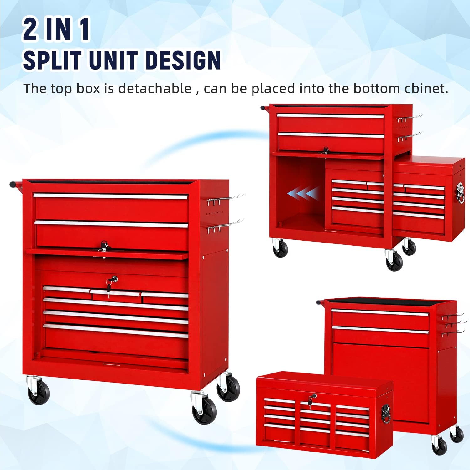 Tool Chest, 8-Drawer Rolling Tool Chest with Wheels, Detachable Red Metal Tool Cabinet with Lock Top Tool Box, for Garage, Warehouse, Workshops, Repair Shop