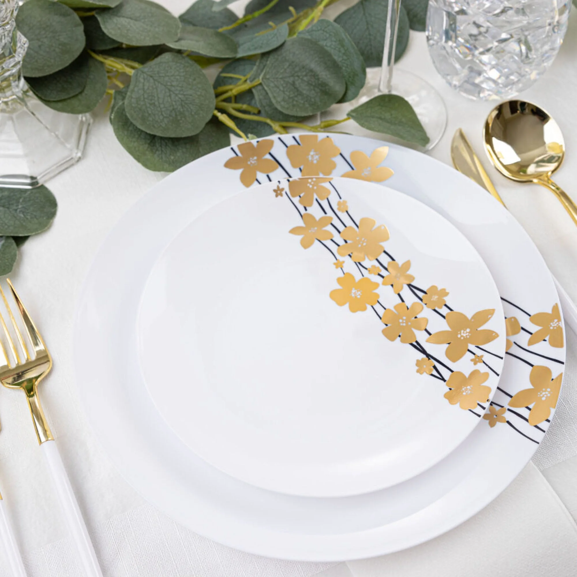 (10 PACK) EcoQuality 10" inch Round White Plastic Plates with Gold Vine Design - Disposable China Like Party Plates, Heavy Duty Dinner Plates, Salad Plate, Dessert, Wedding, Serveware