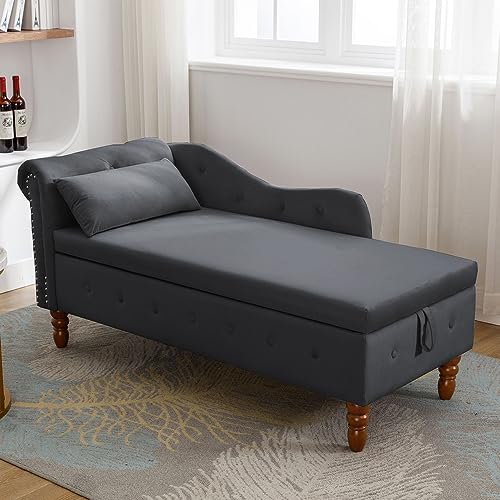 Chaise Lounge Indoor,Velvet Lounge Chair for Bedroom with Storage & Pillow,Modern Upholstered Rolled Arm Chase Lounge for Sleeping with Nailhead Trim for Living Room Bedroom Office (Black)