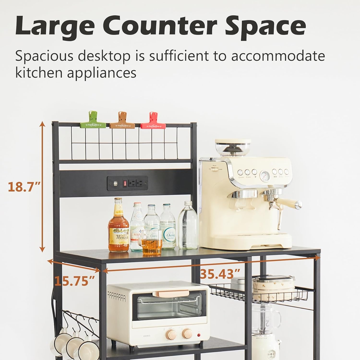 FJU Kitchen Bakers Rack with Power Outlet, Microwave Stand, Kitchen Storage Rack with Wire Basket, 6 Hooks, Kitchen Shelves for Spices, Pots, and Pans, Black