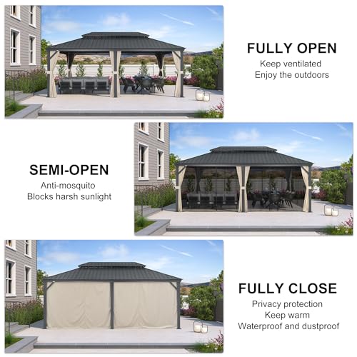 PURPLE LEAF 10' X 14' Permanent Hardtop Gazebo Aluminum Gazebo with Galvanized Steel Double Roof for Patio Lawn and Garden, Curtains and Netting Included, Grey