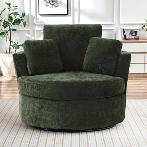 Chair and A Half with Ottoman, 360° Swivel Accent Barrel Chair Modern Comfy Round Reading Sofa Swivel Chairs Circle Lounge Chair for Bedroom Living Room w/4 Pillow Lower Seating Heigh (White, Large)