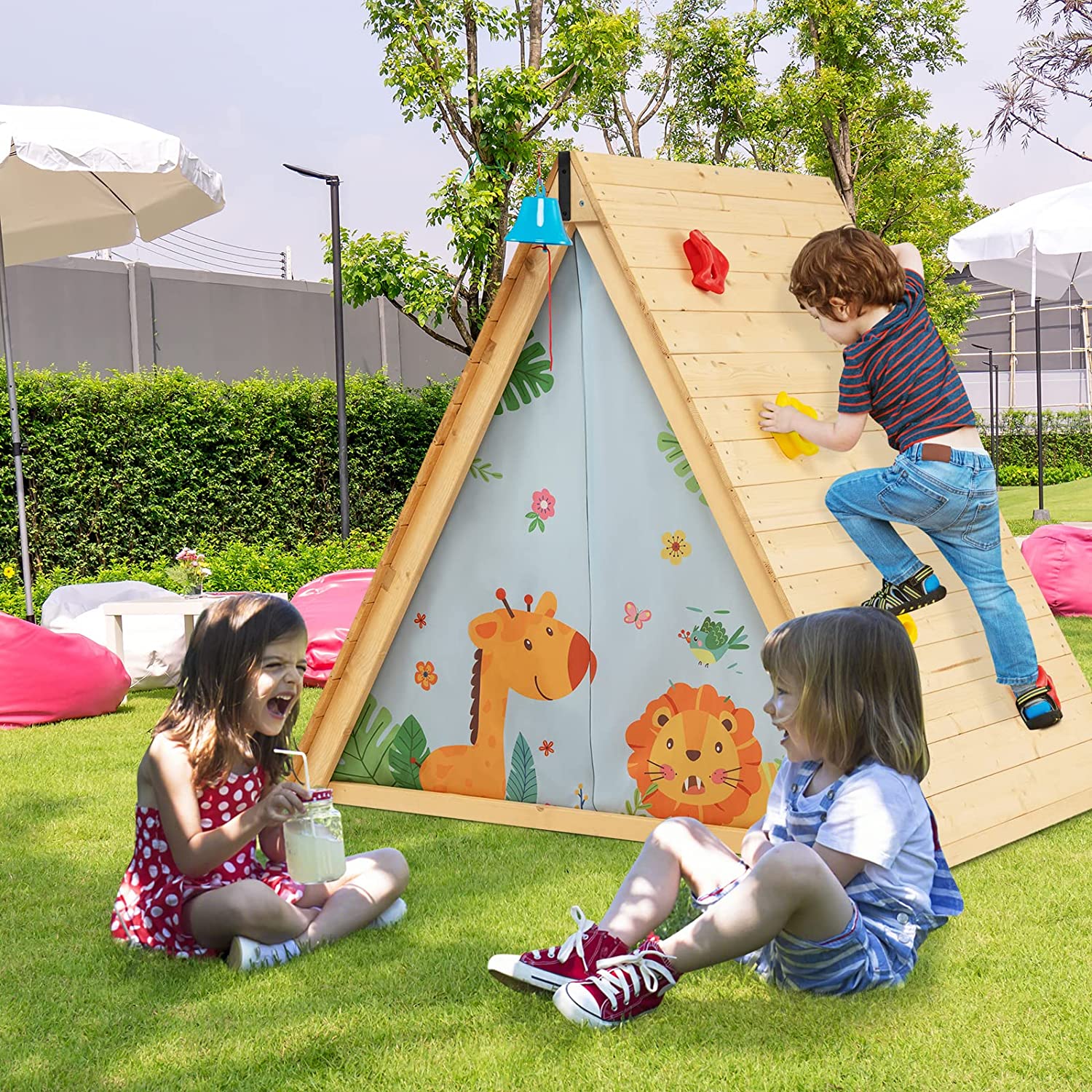 Triangle Climber with Tent, Kids Hideaway Play Tent & Rock Wall Climbing, Waterproof Tent Cover for Indoor Outdoor, Ring Bell, Wooden Climbing Triangle Crawling Tunnel Toy for Toddlers
