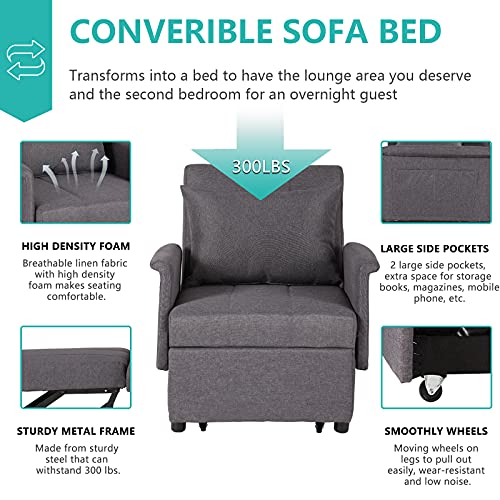 Sleeper Chair, 3 in 1 Chair Bed Sleeper for Adults, Pull Out Sleeper Sofa Convertible Single Lounge Chair with Pillow, Side Pockets for Living Room Small Space (Black)
