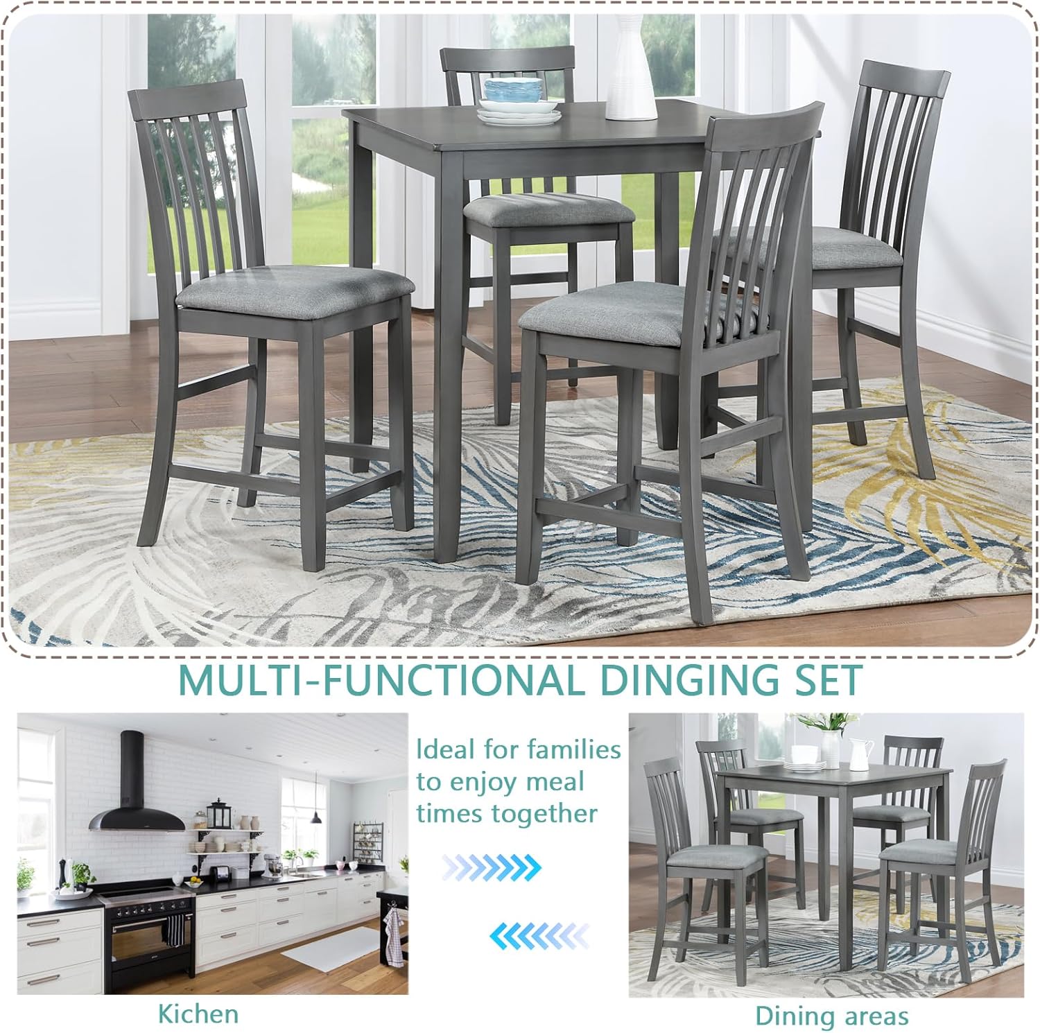 5 Piece Counter Height Dining Table Set for 4, Farmhouse Kitchen Table Set with 4 Vertical Back Upholsterd Chair, Space Saving High Top Table and Chair for Dining room, Kitchen, Pub (Dove Gray)