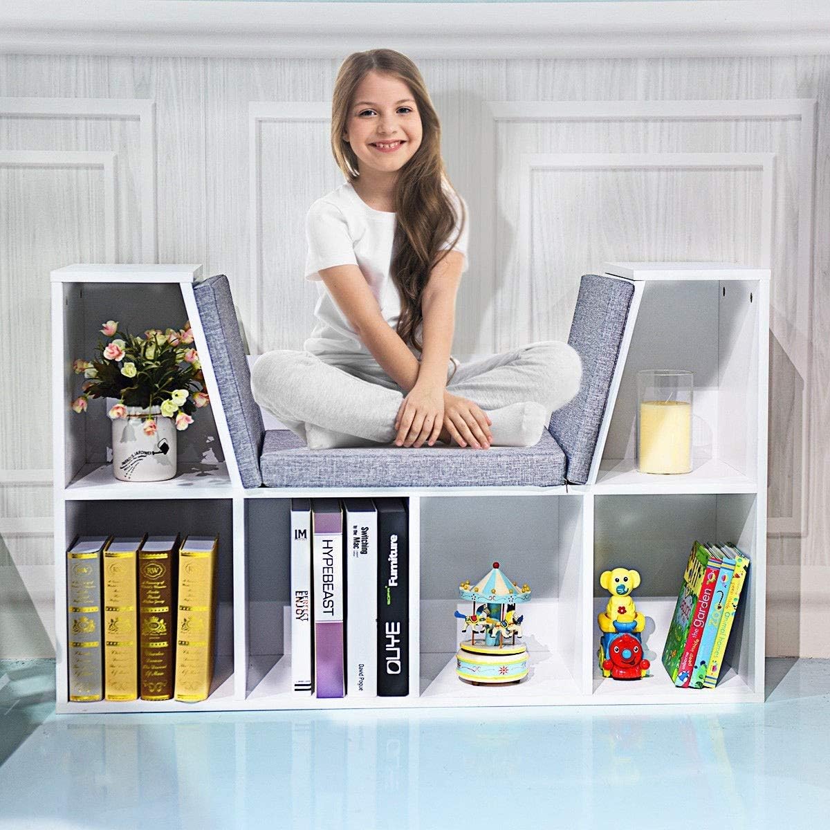 6-Cubby Kid Storage Bookcase Cushioned Reading Nook Versatile Bench Design Ample Storage Space