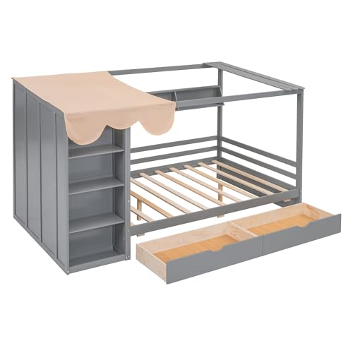 Multi-functional Twin Size House Bed with 2 Drawers and Built-in Wardrobe, Solid Wood Daybed Platform Bed Frame with Curtain Fabrics and Shelves, Maximising Space (Grey-Curt)