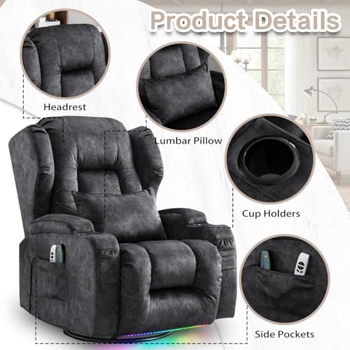 Power Recliner Chair, 270° Swivel Rocker Recliner Chair for Adult with Massage & Heat, Electric Swivel Glider Reclining Sofa Chair for Living Room with USB, Led Light, Lumbar Pillow (Grey)