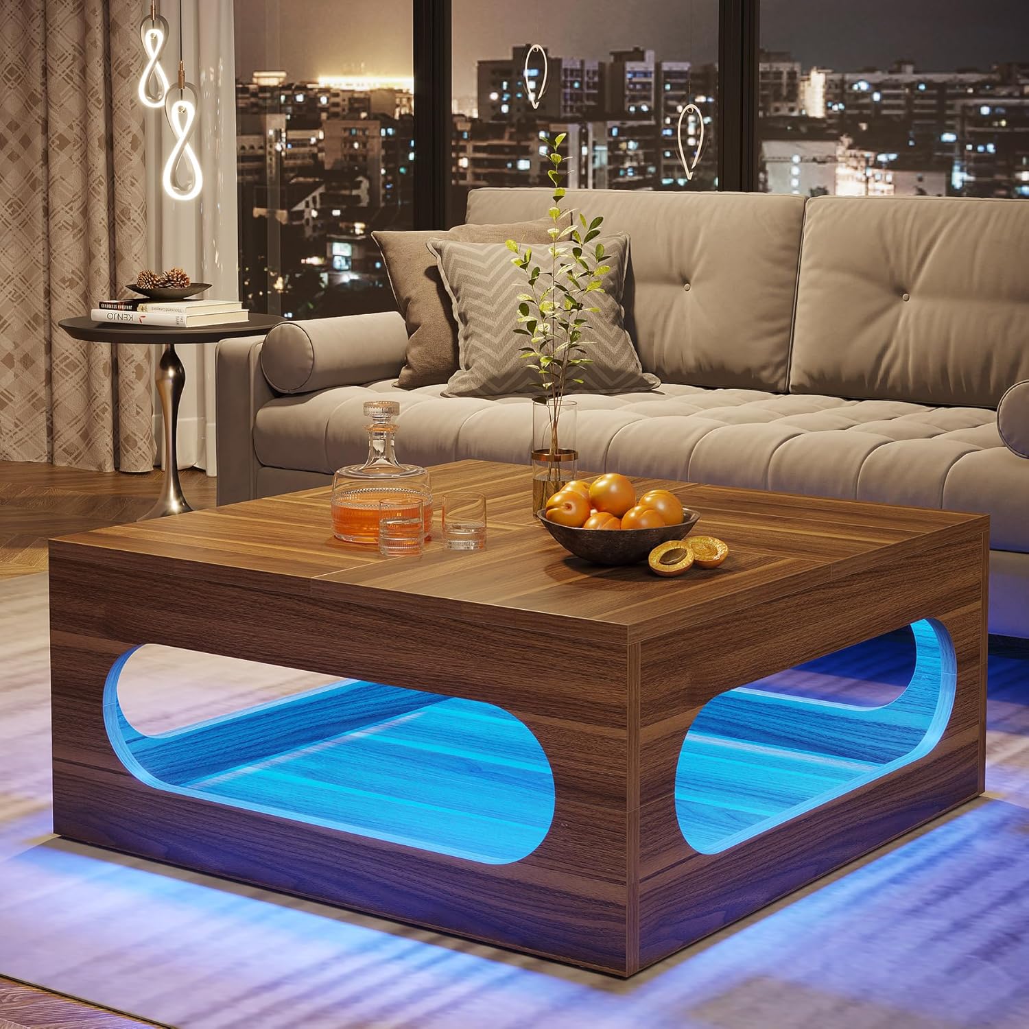 Tribesigns 43-Inch Coffee Table with LED Light, Square Coffee Table with Storage, Wood Cocktail Table, Farmhouse Center Table for Living Room Home Office, Brown