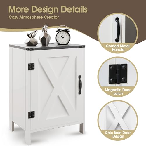 Farmhouse Nightstands Set of 2 with Charging Station, Rustic Bedside Table End Table with Barn Door for Living Room Bedroom Sofa Side Table with Storage, White