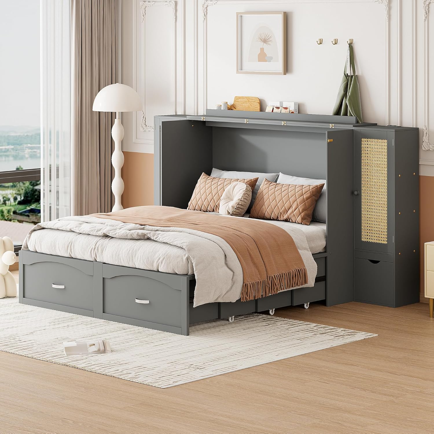 Queen Size Murphy Bed with Storage Drawer, Rattan Decoration with 2 Cabinets, Sockets and USB Ports, Pulley Structure Design Space Saving Foldable Bedframe for Bedroom Guest Room, Gray